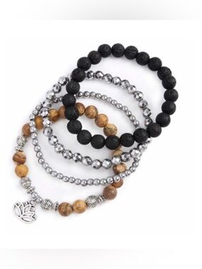 New Brown And Silver Tone Multi Layered Beaded Lotus Charm Stack Boho Bracelets